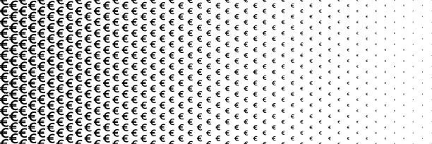 Vector illustration of horizontal black halftone of euro currency sign design for pattern and background.