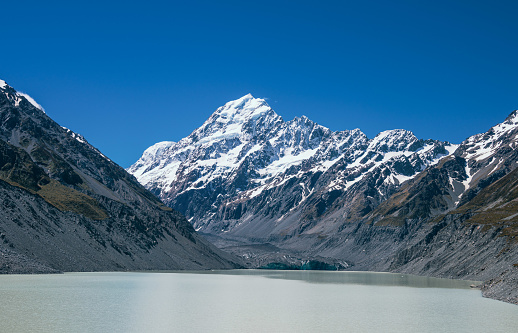 Discover the picturesque landscape in New Zealand's South Island at the renowned Mount Cook National Park. Here seen at Hooker Lake in front of the Mt Cook peak. Behold the stunning sight of snow-capped Mount Cook, majestically framed by other towering mountain peaks.