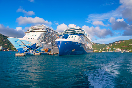 Nassau, Bahamas- December 26,2021: The drone aerial view of Paradise Island and Nassau port, Bahamas.