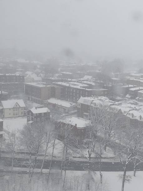 istock Snow covered roofs and trees in the city 1915189497