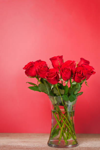 Red Roses Red roses in the vase with red background. For Valentine’s Day, birthday, anniversary, romantic storytelling with copy space. dozen roses stock pictures, royalty-free photos & images