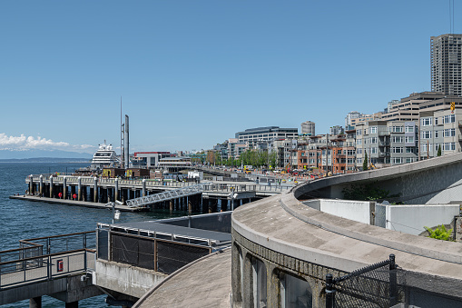 Looking North along the seafront from pier 59, Seattle, USA