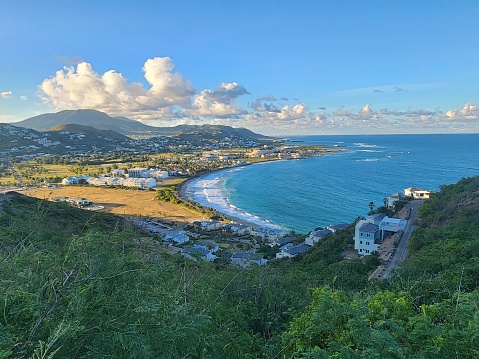 The drone aerial view of Pigeon Point Beach and Falmouth harbor, Antigua.