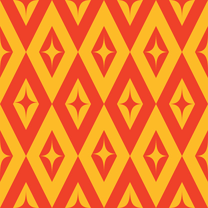 Mid Century starbursts on red and yellow retro diamond shapes seamless pattern. For wallpaper, textile, home décor and fabric