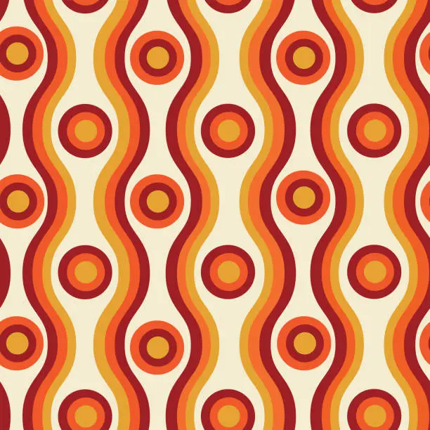Vector illustration of Retro geometric circles on groovy 70s oval ogee curved lines seamless pattern in orange, burgundy and mustard on light cream background. For fabric, wallpaper, textile and retro backgrounds.