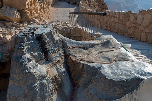 Masada, Israel February 26,2023 Metal model of the mountain at Masada in the Judean Desert in Israel.
