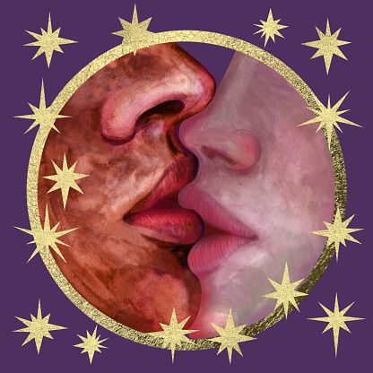 Watercolor illustration of a kiss of a couple in love with the outline of the Moon for Valentine's Day, wedding, engagement, sticker, template, picture, interior sticker, label, postcard.