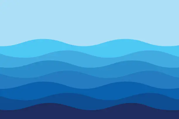 Vector illustration of Blue curves and the waves of the sea range from soft to dark vector background flat design style.