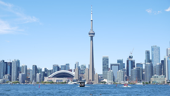 Panoramic view of Toronto skyline and Lake Ontario on a sunny day, Toronto, Ontario, Canada