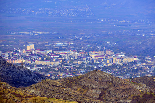 Khankendi / Xankendi / Stepanakert, Azerbaijan: view of the largest city in Karabakh and the Karkar valley (Qarqarçay) - the city was the capital of the Republic of Artsakh, a self-proclaimed Armenian state that self-dissolved following the Azerbaijani military advances in 2023. Seen from outside Susha - Caucasus Mountains.