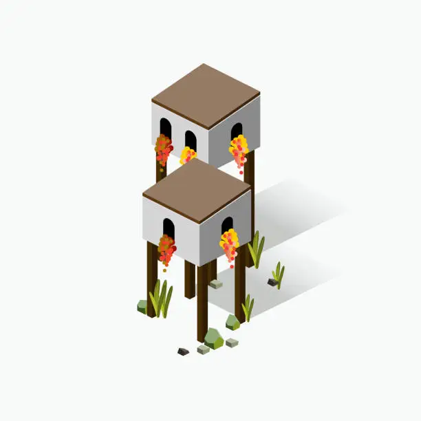 Vector illustration of Isometric South American Houses - Buildings - Small Town - Tiki  Buildings - Destination South America - Travel Spot - Locations - Places in South America - Visit South America - Terracotta Architecture - Terracotta Houses - Landmark