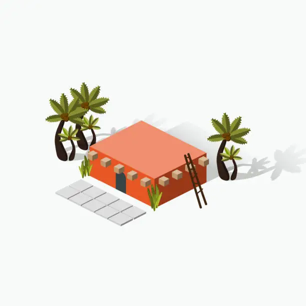 Vector illustration of Isometric South American Houses - Buildings - Small Town - Tiki  Buildings - Destination South America - Travel Spot - Locations - Places in South America - Visit South America - Terracotta Architecture - Terracotta Houses - Landmark