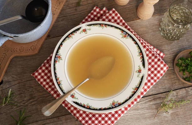istock Chicken soup or broth in a plate, top view 1915596476