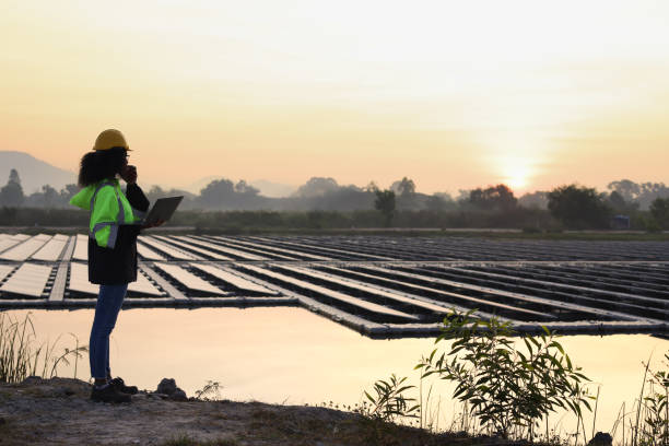 istock Black solar engineer with green safety jacket and laptop working at Solar floating site 1915657086