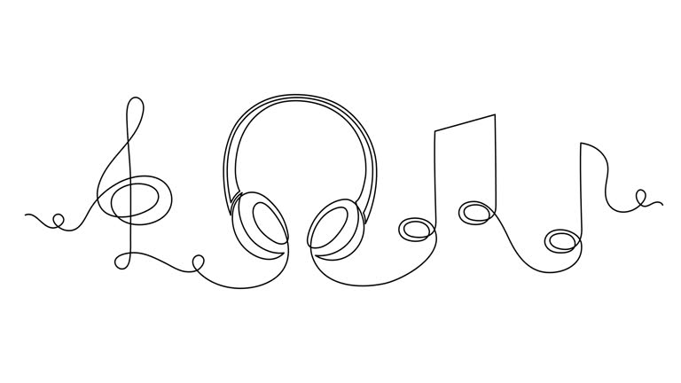 Headphone with treble clef and notes one line art animation,hand drawn device gadget continuous contour motion.Listening music wireless online concept,audition songs technology.4k self-drawing movie