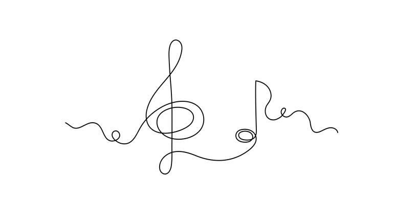 Treble clef and musical note one line art animation, hand drawn continuous contour drawing motion. Artistic creative concept, minimalist video.4k self-drawing movie