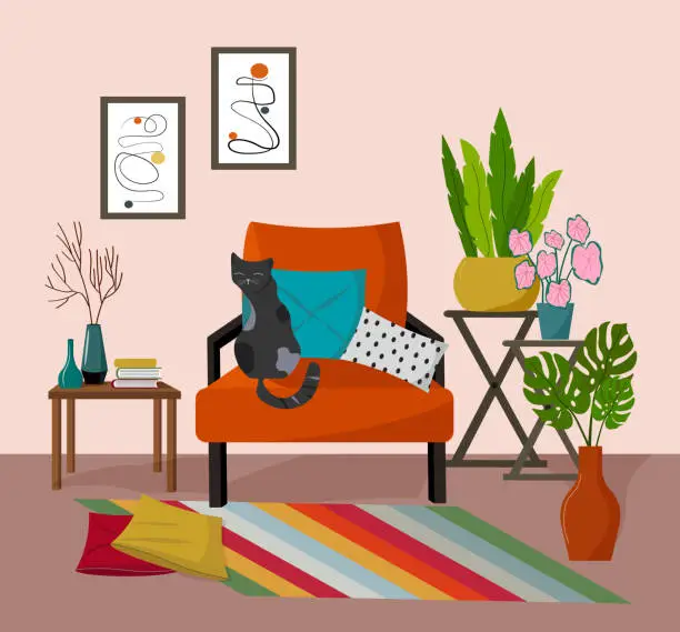 Vector illustration of Interior of the living room area. Furniture items for a cozy room - an armchair and pillows, a rug, a table with a vase and books, stands with flowers in pots, paintings and a cat.