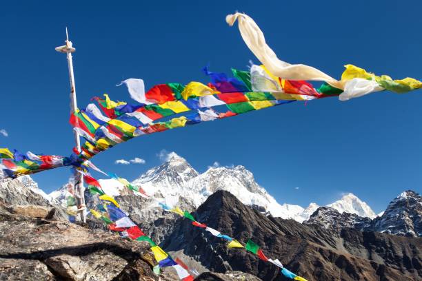 istock Mount Everest, Lhotse, Makalu, buddhist prayer flags 1915768350