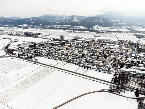 Aerial photo of a snow covered town Zalec in Slovenia