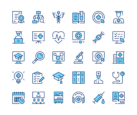 Medical education icons set. Vector line icons. Blue color outline stroke symbols. Modern concepts