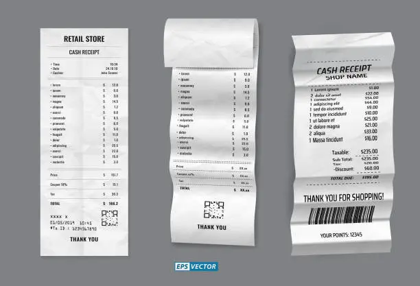 Vector illustration of set of register sale receipt or cash receipt printed on white paper concept. 3D Render