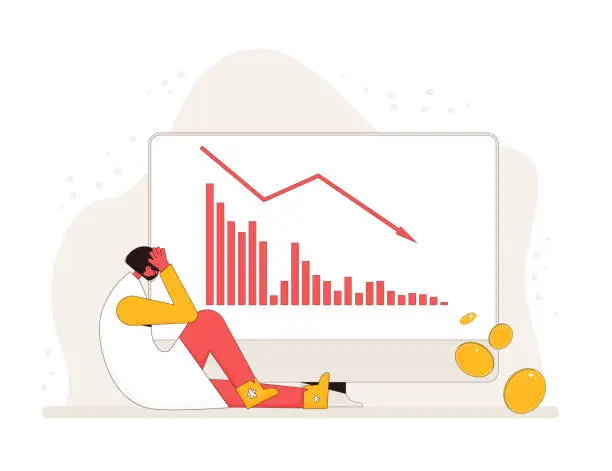 Vector illustration of Stock market crash. Investor lost money. Sad and disappointed shareholder sitting on the floor with graph fall down at computer screen. Bankrupt woman. Economic and financial crisis. Vector concept.