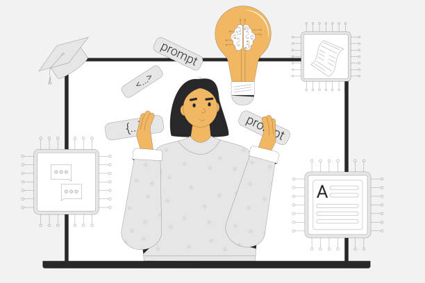 Prompt engineer course. Study artificial general intelligence to create content. Vector illustration. Prompt engineer learning. Course of crafting precise instructions that guide AI models to generate visual, text. Study artificial general intelligence to create content. Vector illustration online training engineer stock illustrations