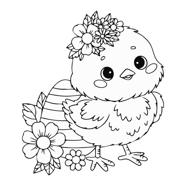 Cute little chick with Easter egg and flowers. Vector illustration. Line drawing, coloring book. Kids holiday collection. Cute little chick with Easter egg and flowers. Vector illustration. Line drawing, coloring book. Kids holiday collection easter egg coloring stock illustrations