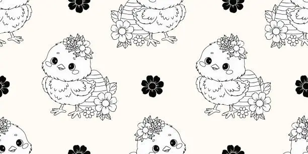 Vector illustration of Seamless pattern little chick with Easter egg and flowers on white background. Vector illustration for design, wallpaper, packaging, textile. Line drawing. Kids holiday collection.