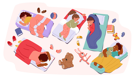 Sleeping Kids Characters. In The Cozy Kindergarten Room, Little Ones Peacefully Rest On Mats, Snuggled In Blankets, Serene Bedtime Atmosphere in Elementary Class. Cartoon People Vector Illustration