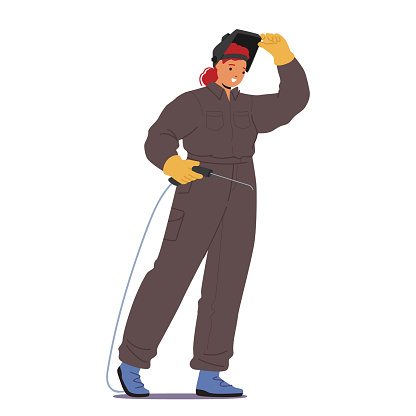 Skilled Woman Welder, Clad In Protective Gear, Manipulates Molten Metal With Precision, Creating Sparks That Dance Around Her Determined And Focused Expression. Cartoon People Vector Illustration