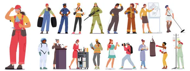 Vector illustration of Female Character Professions, Strong Women Builder, Mechanic, Police Officer Or Architect. Soldier, Astronaut, Orator