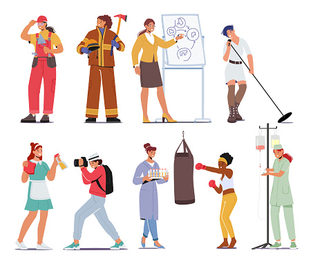 Female Character Professions. Women Builder, Firefighter, Business Coach and Singer. Maid, Photographer, Laboratory Assistant, Boxer Athlete and Nurse in Hospital. Cartoon People Vector Illustration