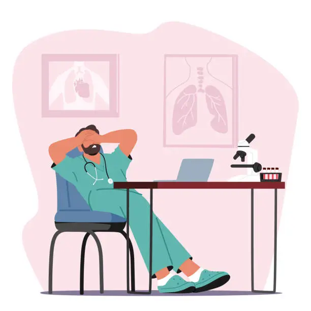 Vector illustration of Weary And Disheartened Doctor Slouches In His Office, Burdened By Exhaustion And Sorrow, Vector Illustration