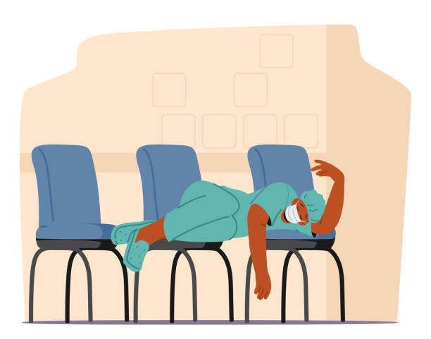 ilustrações de stock, clip art, desenhos animados e ícones de exhausted doctor, draped in fatigue, seeks solace on clustered chairs, finding respite amidst the quiet hum of hospital - solace