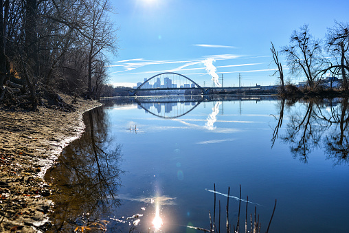 Warm Snowless Winter Weather in Minneapolis with Lowry Avenue Bridge and Mississippi River