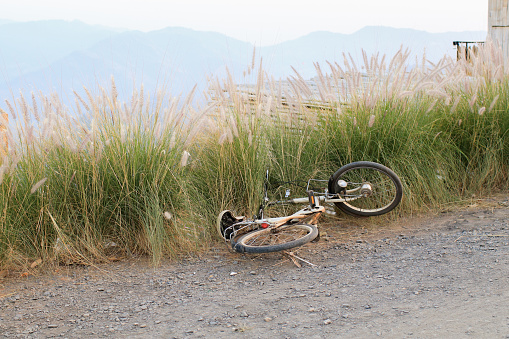 Bicycle laying on the green glass and crack stone floor with mountain view. Abandoned bike in nature.