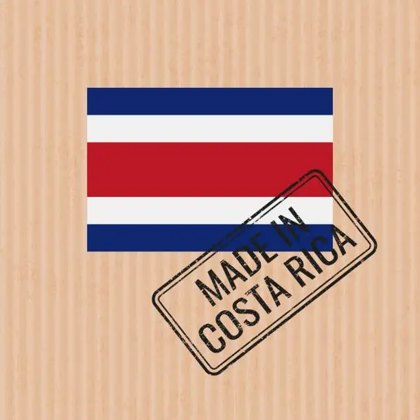 Vector illustration of Made in Costa Rica badge vector. Sticker with Costa Rican national flag. Ink stamp isolated on paper background.