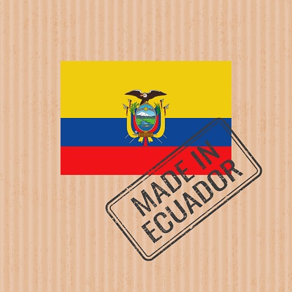 Made in Ecuador badge vector. Sticker with Ecuadorean national flag. Ink stamp isolated on paper background.