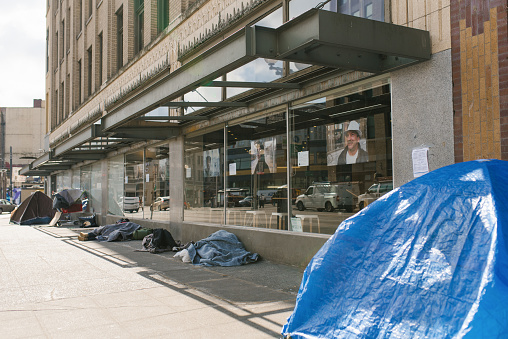 Seattle, Washington, USA. The tents of homeless people in downtown Seattle