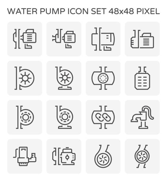 Water pump vector icon 48x48 pixel perfect and editable stroke. Water pump vector icon i.e. centrifugal, rotary, lobe, dewatering and well. Powered by electric motor, engine for station to transfer water in house, agriculture, fire fighting and industry. 48x48 px. hand water pump stock illustrations
