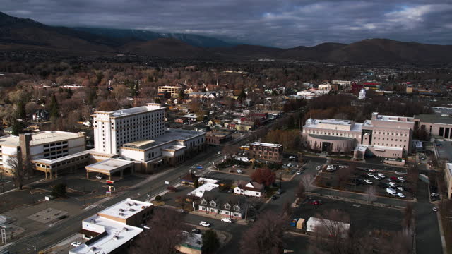Downtown Carson City, Nevada USA. Drone Shot of Street Traffic and Buildings