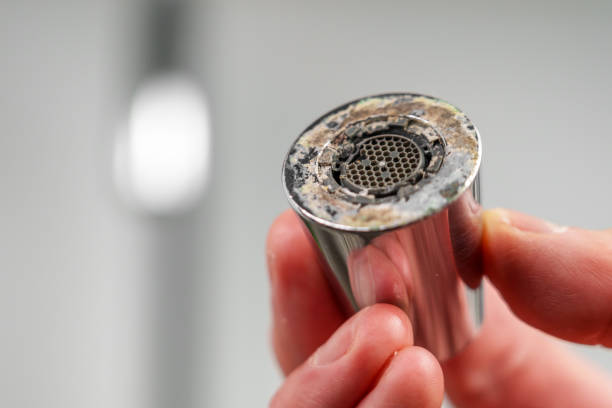 istock A plumber is holding a chrome faucet aerator with lime scale in kitchen 1915941110