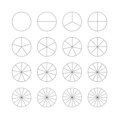 Segmented charts. Set of pie, pizza chart template. Many number of sectors divide the circle on equal parts. Black thin simple graphics. Segments infographic. Diagram wheel parts. Vector illustration.