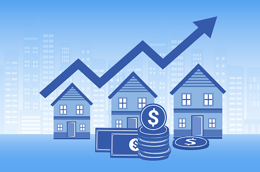 Home, house price rising up, real estate, property growth vector illustration