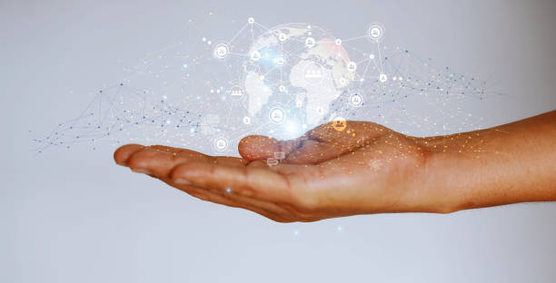 istock digital technology Internet network connection Big Data, Internet, IoT of Digital Marketing Man with an open hand with modern icons surfing the internet, metaverse, future, innovative technology. 1916008008