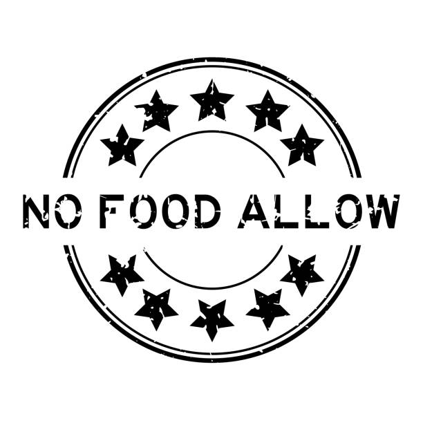 ilustrações, clipart, desenhos animados e ícones de grunge preto nenhum alimento permitir palavra com estrela ícone redondo selo de borracha selo no fundo branco - accessibility rejection rubber stamp rubber