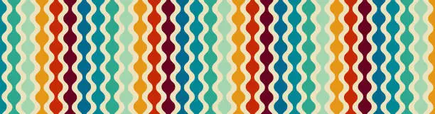 Vector illustration of Retro mid century modern background pattern, abstract circle striped design, old vintage colors, mid-century hippie beads hanging, vintage 50s or 60s geometric vector art in blue green red and beige