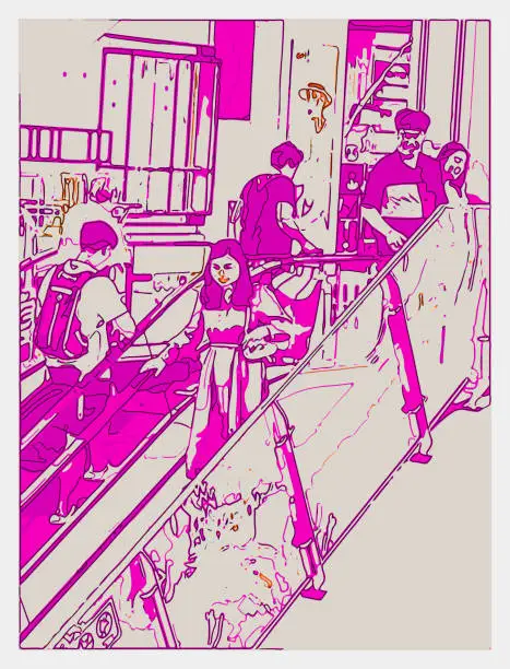 Vector illustration of art printmaking illustration people on elevators in shopping malls scene