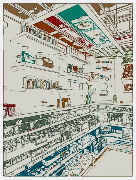 Vector illustration of outline style cartoon retail shop scene pattern background